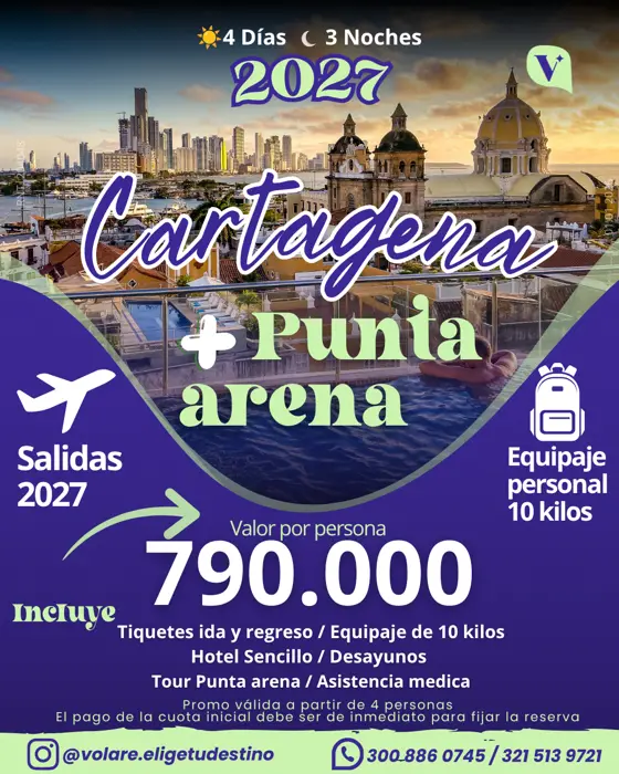 Flyer del plan Cartagena + Punta Arena: 4 días · 3 noches, $790.000 por persona