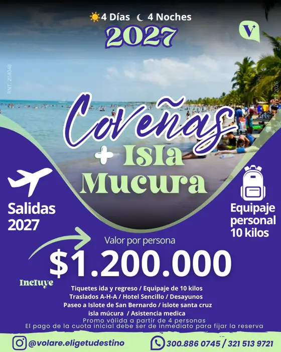 Flyer del plan Coveñas + Isla Mucura: 4 días · 4 noches, $1.200.000 por persona
