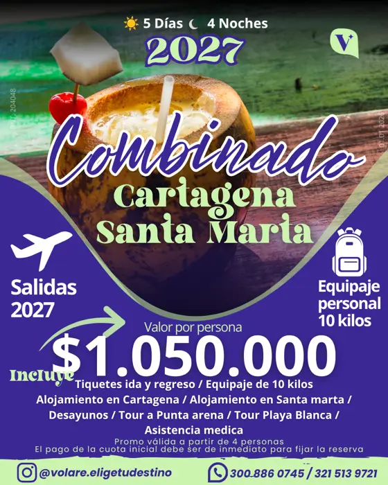 Flyer del plan Combinado Cartagena + Santa Marta: 5 días · 4 noches, $1.050.000 por persona