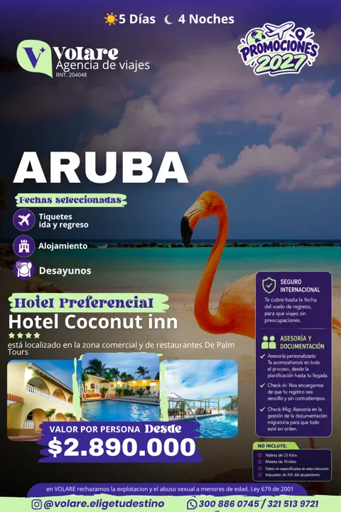 Flyer del plan Aruba: 5 días · 4 noches, desde $2.890.000 por persona