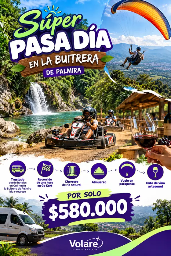 Flyer del súper pasadía en La Buitrera de Palmira, por solo $580.000